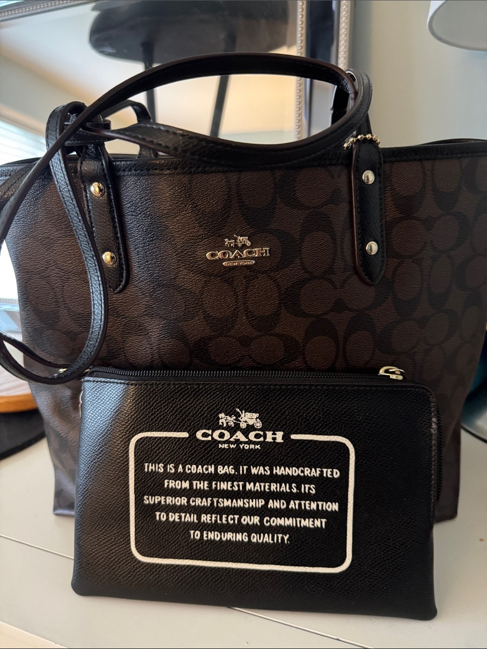 Coach Reversible Brown Signature Tote with Black Logo Pouch
